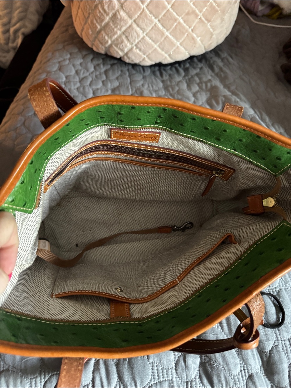 Dooney & Bourke Green Ostrich-Embossed Tote with Brown Trim and Matching Wallet - Picture 6 of 9